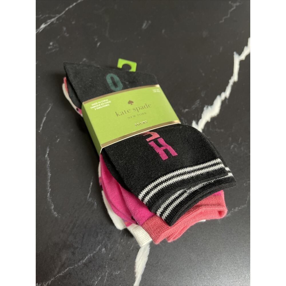 KATE SPADE Love Heart Trouser Socks Set 3 pair Crew Black Pink White NEW - Picture 3 of 5
